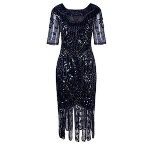 Vijiv Dress Beaded Cocktail Sequin Flapper Small Blue Short Sleeve 1920s Gatsby